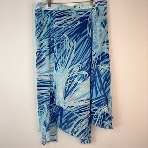 Chicos Blue Abstract Mesh Midi Skirt Asymmetrical Hem Womens XL Pull On NWT